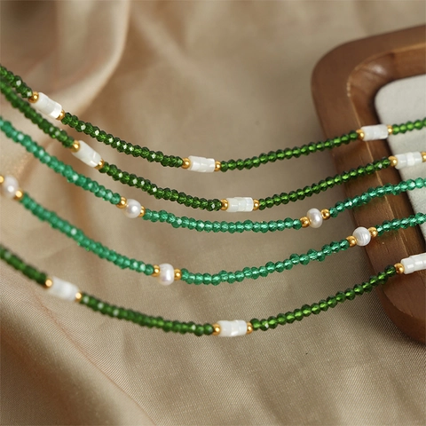 Emerald Natural Stone Beaded Necklace Freshwater Pearl White Jade Titanium Steel Handcrafted Jewelry For Women Elegant