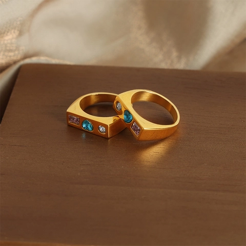 Colorful Gemstone Ring Titanium Steel Heart Square Round Cubic Zirconia Geometric Gold Plated Jewelry For Women