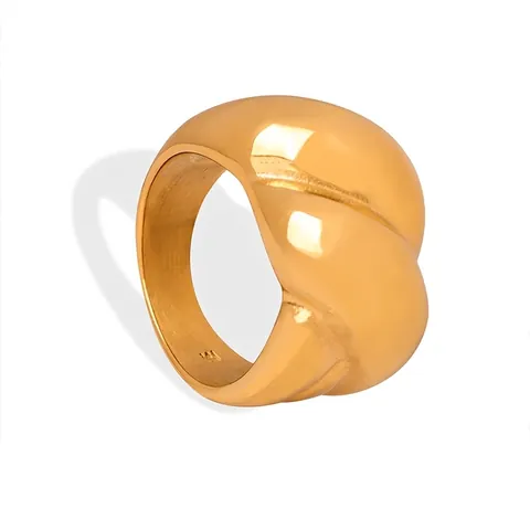 French Vintage Twisted Croissant Ring Stainless Steel 18K Gold Plated Ribbed Chunky Dome Band For Women Non-Tarnish