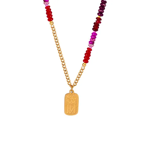 Prosperity Fortune Chinese Character Pendant Necklace Titanium Steel Colorful Natural Stone Agate Beads Splicing Retro Chic Clavicle Chain