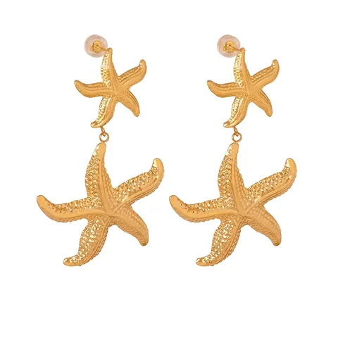 Pendientes De Gota De Estrella De Mar Acero De Titanio Chapado En Oro De 18K Textura Granular Estilo Océano Joyería Para Mujer