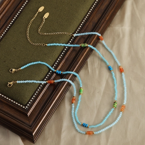 Collar de Cuentas de Piedra Natural y Turquesa de Acero de Titanio Hecho a Mano para Mujer Joyería Bohemia Vintage Colorida