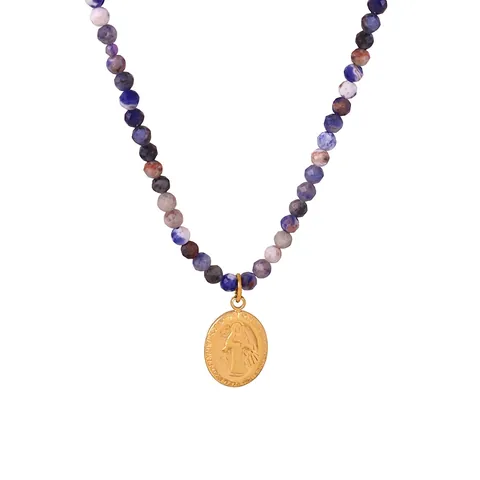Natural Stone Beaded Necklace With Gold Plated Virgin Mary Oval Relief Pendant Religious Retro Jewelry For Women