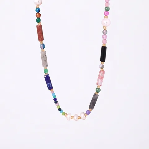 Collana Di Perline In Pietra Naturale Colorata Boema Con Perla Deau Dolce Catena In Acciaio Al Titanio Gioiello Artigianale