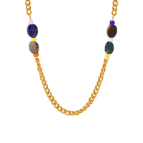 Retro Gold Titanium Steel Curb Chain Necklace With Mixed Multi Color Natural Stone Beads Bohemian Clavicle Chain