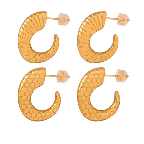 C Shaped Hoop Earrings Geometric Textured Titanium Stainless Steel Striped Mesh Design Fashionable Commuter Jewelry For Women
