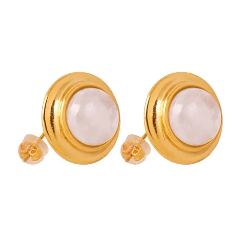 Pendientes De Botón Redondos Vintage Piedra Natural Incrustada Acero De Titanio Chapado En Oro Joyería Minimalista Para Mujer