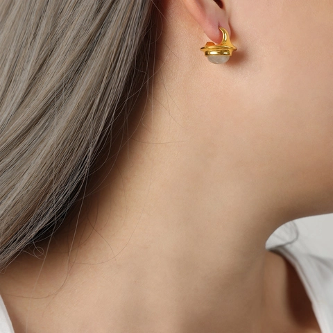 Pendientes De Botón Redondos Vintage Piedra Natural Incrustada Acero De Titanio Chapado En Oro Joyería Minimalista Para Mujer
