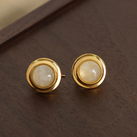 Pendientes De Botón Redondos Franceses Acero De Titanio Chapado En Oro Piedra Natural Joyería Retro Minimalista Para Mujer