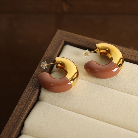 Orecchini a Cerchio a Forma di C in Acciaio al Titanio Smaltato Minimalista per Donna Gioielli di Moda Geometrici a Blocchi di Colore Oro