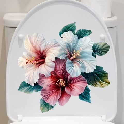 Bloemen Toiletdeksel Sticker Waterdicht PVC Zelfklevend Hibiscus Muursticker Voor Badkamer Huis Slaapkamer Decoratie