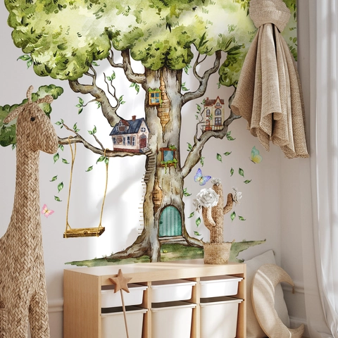 Autocollants Muraux Arbre Cabane PVC Amovibles Auto-adhésifs Décalcomanies Chambre D'enfant Garderie Thème Forêt Aquarelle