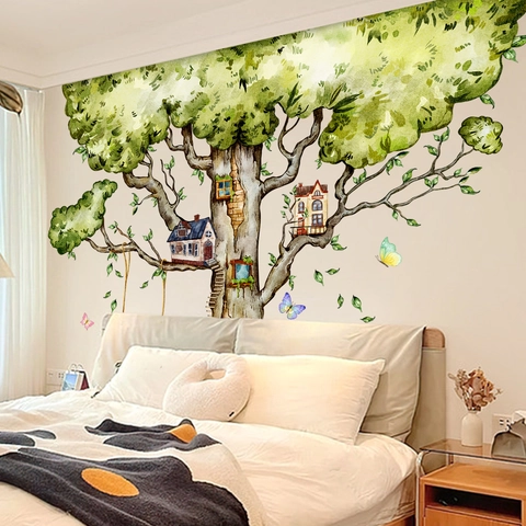 Autocollants Muraux Arbre Cabane PVC Amovibles Auto-adhésifs Décalcomanies Chambre D'enfant Garderie Thème Forêt Aquarelle