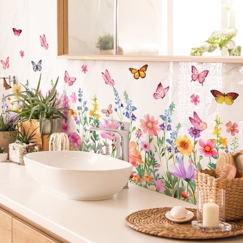 Multicolor Flower Butterfly Wall Stickers Hand Painted PVC Self Adhesive Waterproof Removable Floral Decals For Living Room Bedroom Kitchen Home Decor