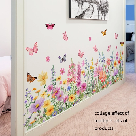 Multicolor Flower Butterfly Wall Stickers Hand Painted PVC Self Adhesive Waterproof Removable Floral Decals For Living Room Bedroom Kitchen Home Decor