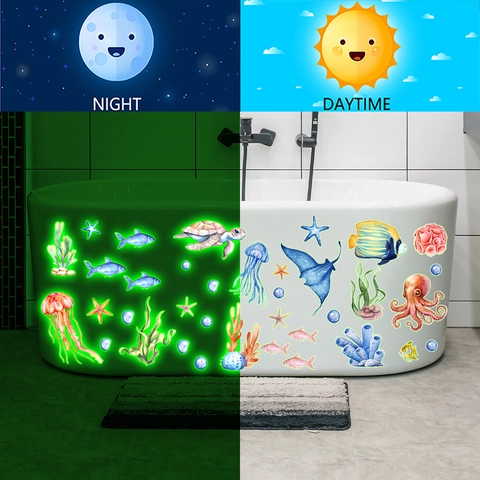 Pegatinas De Pared De Vida Marina Brillan En La Oscuridad PVC Fluorescente Pulpo Tortuga Para Baño Dormitorio