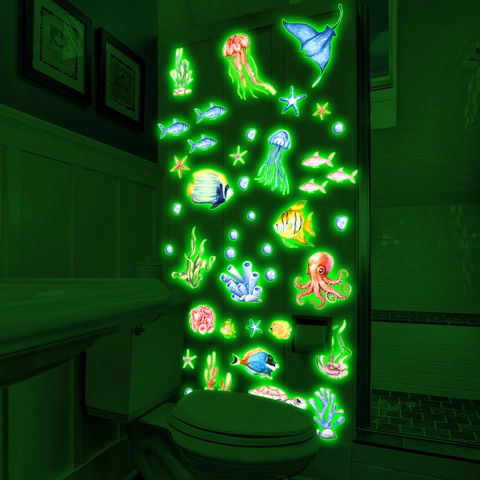 Pegatinas De Pared De Vida Marina Brillan En La Oscuridad PVC Fluorescente Pulpo Tortuga Para Baño Dormitorio