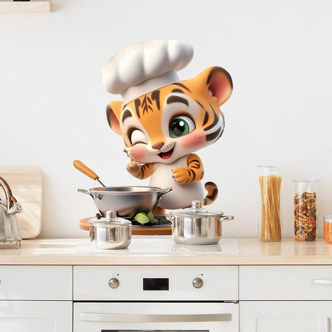 3D Cartoon Tiger Chef Rooster Wall Stickers Waterproof PVC Self Adhesive Kitchen Cabinet Oven Decor Novelty Stickers
