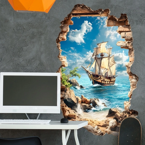 Vinilo Decorativo Pared 3D Efecto Pared Rota Barco Velero Mar PVC Autoadhesivo Decoración Paisaje Océano Dormitorio