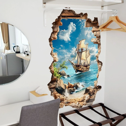 Vinilo Decorativo Pared 3D Efecto Pared Rota Barco Velero Mar PVC Autoadhesivo Decoración Paisaje Océano Dormitorio
