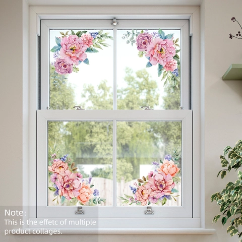 Rosa Blume Statische Fensteraufkleber Beidseitig Floral Pfingstrose Glas Dekor Für Wohnzimmer Schlafzimmer Fensterdekoration