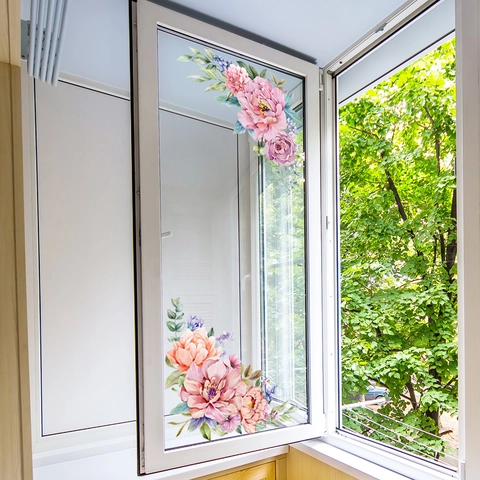 Rosa Blume Statische Fensteraufkleber Beidseitig Floral Pfingstrose Glas Dekor Für Wohnzimmer Schlafzimmer Fensterdekoration