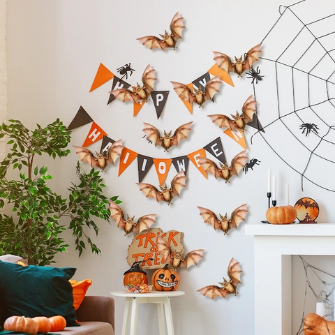 Halloween 3D Bat Wall Stickers PVC Waterproof Realistic Bat Decals For Party Window Door Home Room Gothic Indoor DIY Decoration