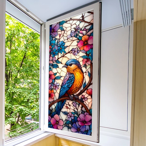 Fensterfolie Im Buntglasstil Statische Haftung Sichtschutz Mattierte PVC Dekorative Vogel Pfau Blumenmuster Heim Büro