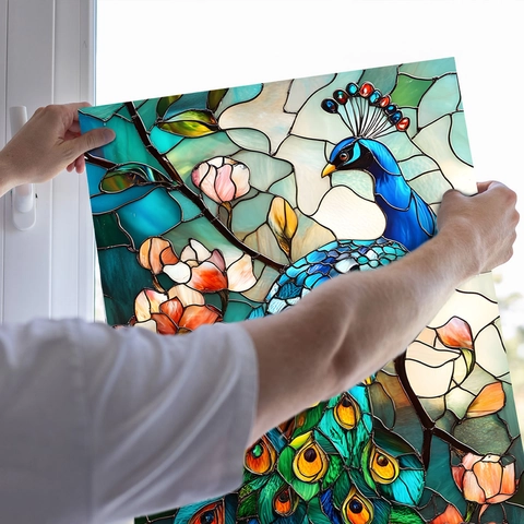 Fensterfolie Im Buntglasstil Statische Haftung Sichtschutz Mattierte PVC Dekorative Vogel Pfau Blumenmuster Heim Büro