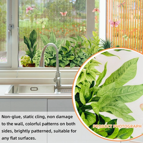 Adesivi Per Finestre Statici Foglie Verdi Farfalla PVC Impermeabile Doppia Faccia Vetrofanie Decorazione Interni Casa