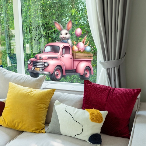 Easter Window Cling Static PVC Pink Vintage Truck Rabbit Easter Eggs Decorative Glass Decal Happy Easter For Home Decor