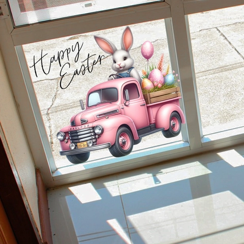 Easter Window Cling Static PVC Pink Vintage Truck Rabbit Easter Eggs Decorative Glass Decal Happy Easter For Home Decor