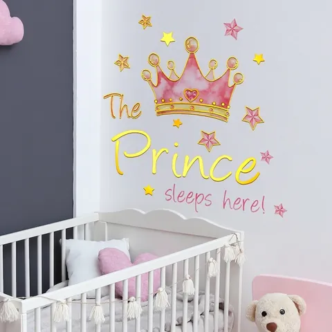 Pegatinas De Pared Corona Acuarela Rosa Estampado En Caliente Dorado The Prince Sleeps Here Calcomanías Para Niños PVC