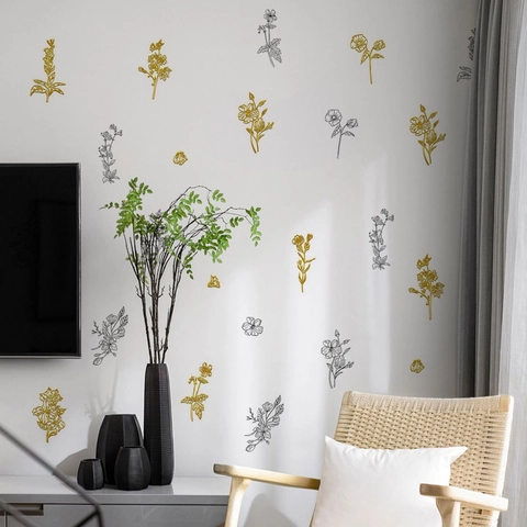Adesivi Murali Fiori Farfalle Stampa A Caldo Oro Metallico PVC Impermeabile Decorazione Casa Autoadesivi