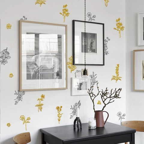 Adesivi Murali Fiori Farfalle Stampa A Caldo Oro Metallico PVC Impermeabile Decorazione Casa Autoadesivi