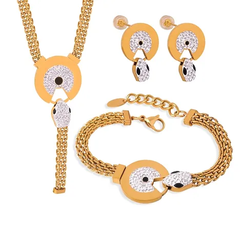 Titanium Steel Necklace Bracelet Earring Rhinestone Snake Head Round Plate Woven Mesh Luxury Jewelry For Women