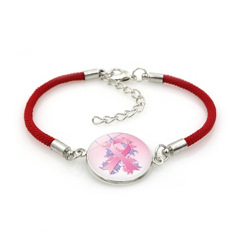 Brustkrebs Bewusstsein Rosa Schleife Geflochtenes Armband Rotes Seil Legierung Glas Anhänger Hoffnung Charity Schmuck Für Damen