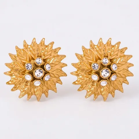 Sunflower Stud Earrings Titanium Steel Cubic Zirconia Inlaid Gold Plated Leaf Texture Retro Elegant For Women