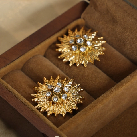 Sunflower Stud Earrings Titanium Steel Cubic Zirconia Inlaid Gold Plated Leaf Texture Retro Elegant For Women