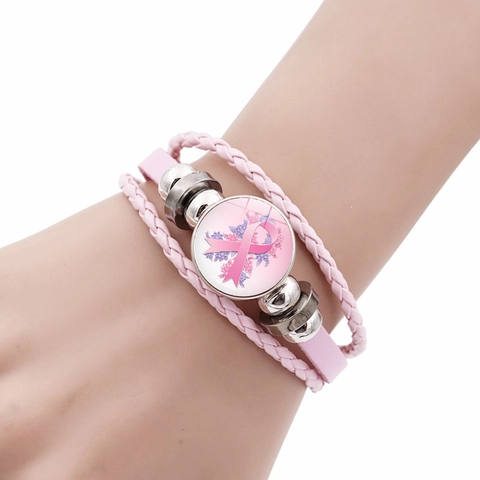 Pinke Schleife Brustkrebs-Bewusstsein Mehrlagiges Geflochtenes Lederarmband Legierung Glas Cabochon Charm Schmuck Geschenk Damen
