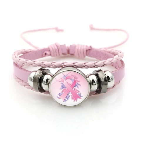 Pinke Schleife Brustkrebs-Bewusstsein Mehrlagiges Geflochtenes Lederarmband Legierung Glas Cabochon Charm Schmuck Geschenk Damen