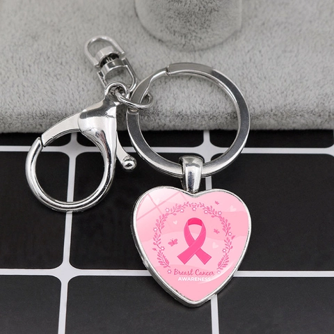 Breast Cancer Awareness Heart Keychain Zinc Alloy Glass Pink Ribbon Pendant Car Key Ring For Women Charity Gift Jewelry Accessory