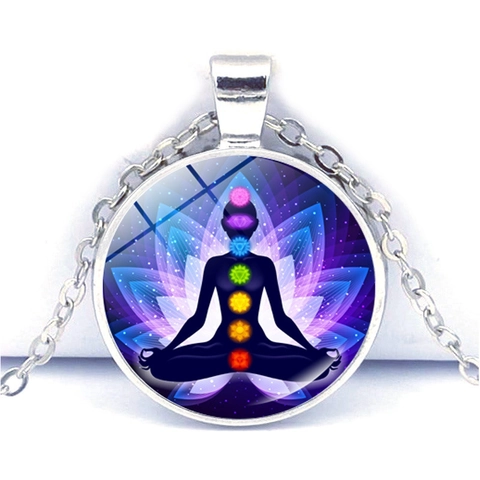 Collier Pendentif Chakra de Méditation Yoga en Alliage de Zinc Verre Gemme de Temps Bijoux Spirituels Mandala Motif Fleur de Loto