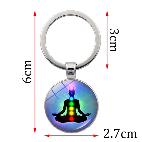 Yoga Meditation Seven Chakra Keychain Silver Metal Glass Cabochon Spiritual Mandala Silhouette Pendant Key Ring Zen Jewelry Gift