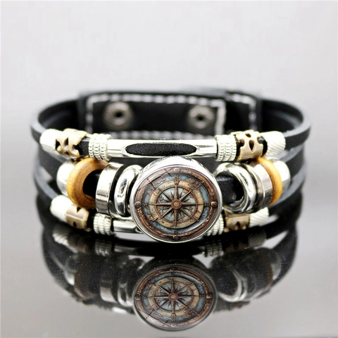 Vintage Punk Gevlochten Leren Armband Met Meerdere Lagen Kompas Wereldkaart Nautische Reisstijl Verstelbare Polsband Met Drukknop Voor Heren Dames