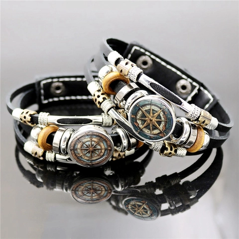 Vintage Punk Gevlochten Leren Armband Met Meerdere Lagen Kompas Wereldkaart Nautische Reisstijl Verstelbare Polsband Met Drukknop Voor Heren Dames
