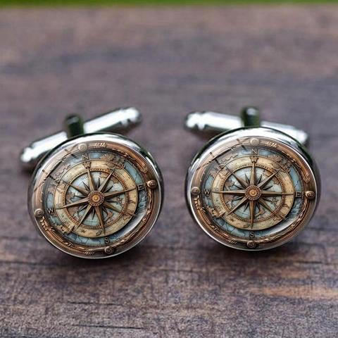 Vintage Nautik Kompass Karte Manschettenknöpfe Legierung Glas Zeitstein Rund Herren Hemdzubehör Für Business Hochzeit