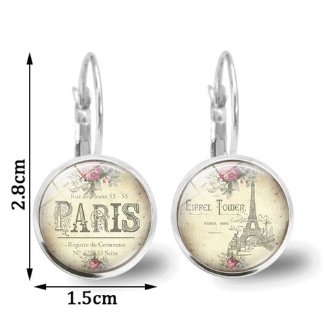 Pendientes Colgantes Vintage París Torre Eiffel Aleación Vidrio Cierre Ballestilla para Mujer Patrón Floral Retro Plata Bronce Joyería Moda Regalo