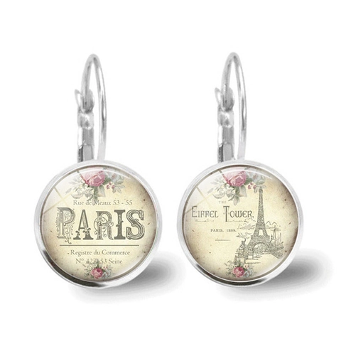 Pendientes Colgantes Vintage París Torre Eiffel Aleación Vidrio Cierre Ballestilla para Mujer Patrón Floral Retro Plata Bronce Joyería Moda Regalo