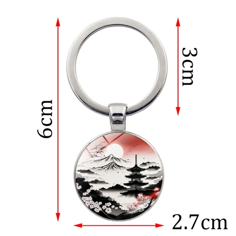 Japanese Style Ink Wash Painting Mt Fuji Cherry Blossom Keychain Zinc Alloy Glass Cabochon Landscape Pendant Key Ring For Women Men Gift
